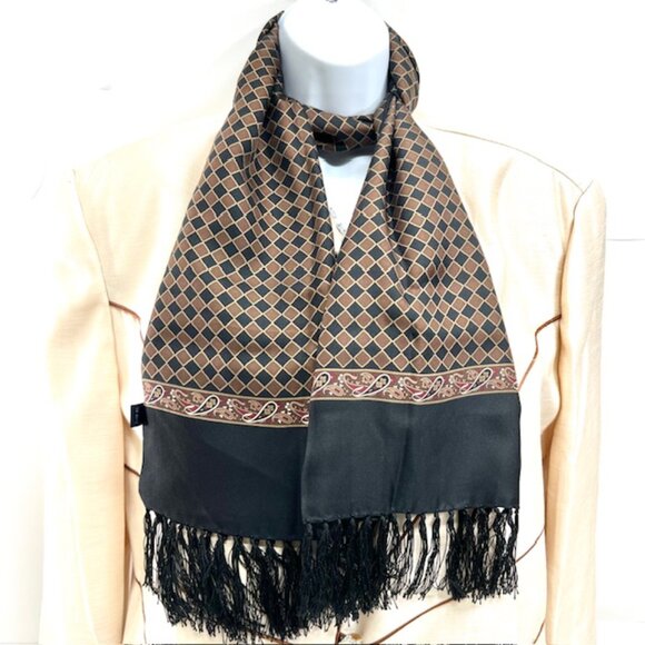 2 Ways Burberrys 100% Silk Satin Scarf 60"x13" Brown black Check Art Fring (1 - Picture 9 of 16